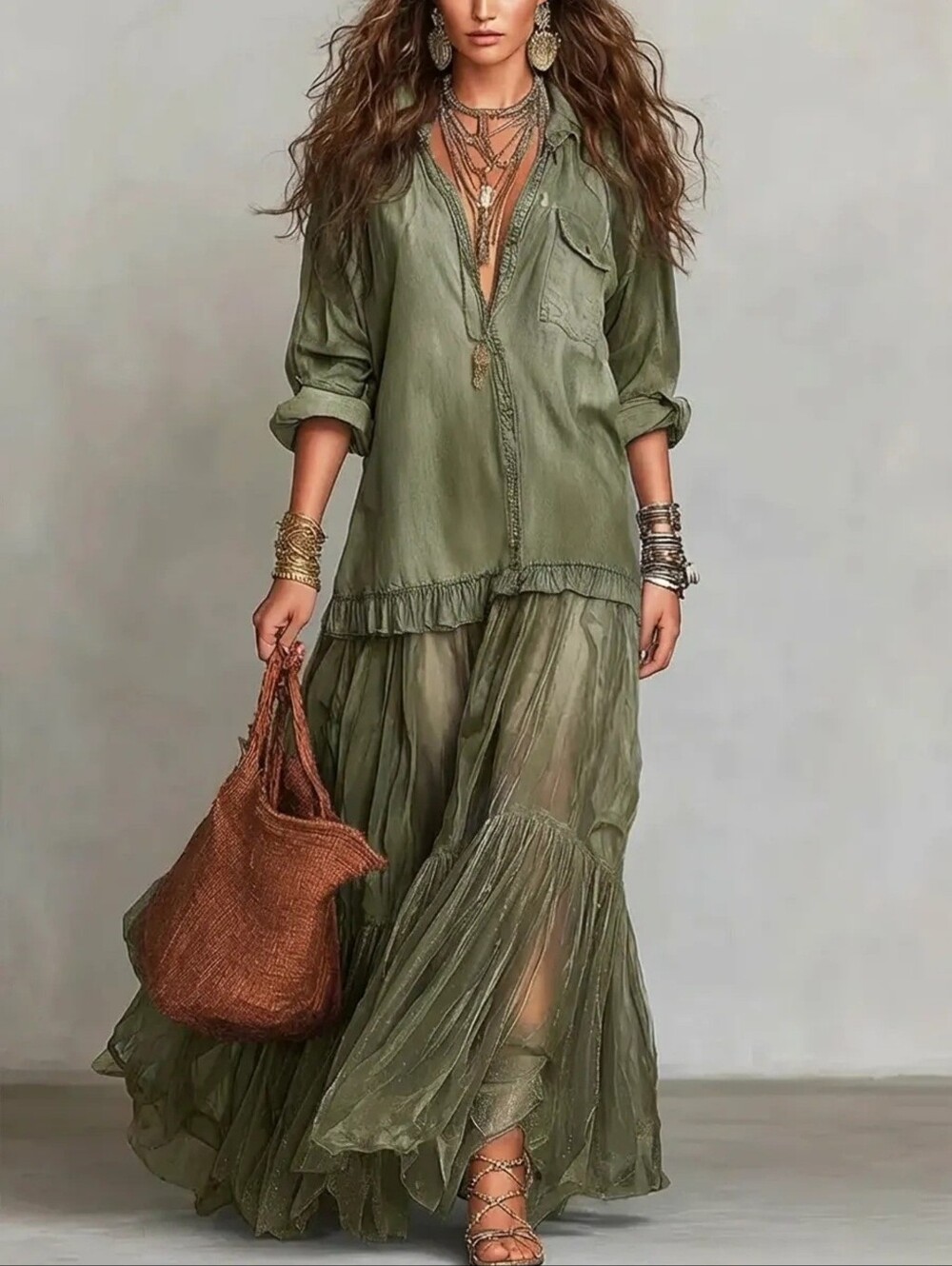 Lolly Boho Tiered Maxi Dress With Tiered Skirt in Green Size Large - Picture 1 of 11